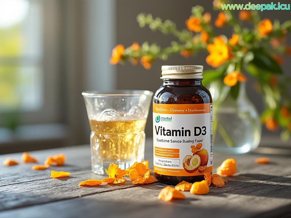 维生素D3瓶和饮料在桌上